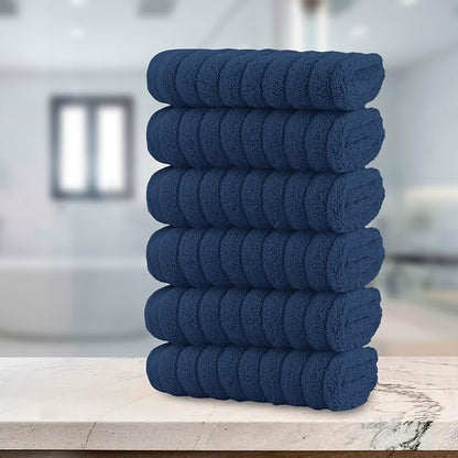 Elegant Comfort 100% Turkish Cotton Corduroy Ribbed Luxury Washcloths 6 Pack Soft 13 x 13 Inch - Higly Absorbent, Durable, Quick Dry, Spa Premium Hotel Quality for Bathroom or Travel, Navy