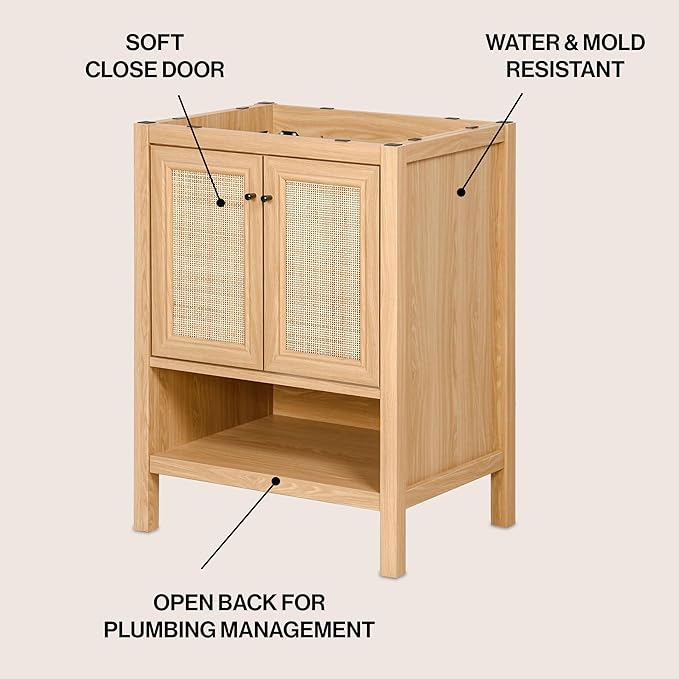 JONATHAN Y VAN1023A Jasper 24 in. W x 18 in. D x 33 in. H Rattan Modern Coastal 2-Shelf Bathroom Vanity Cabinet Only with Soft Closing Doors (Sink Basin Not Included), Oak