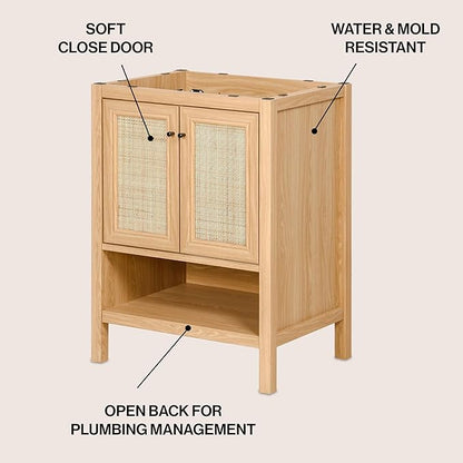 JONATHAN Y VAN1023A Jasper 24 in. W x 18 in. D x 33 in. H Rattan Modern Coastal 2-Shelf Bathroom Vanity Cabinet Only with Soft Closing Doors (Sink Basin Not Included), Oak