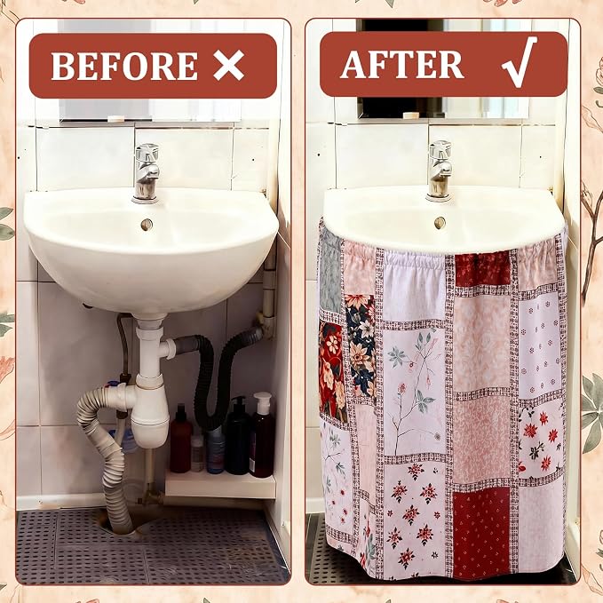 Hahafelt Self-Adhesive Sink Skirt, 55"x32" Waterproof Fabric Under Sink Cover with Diamond Stitch, Hide Pipes & Storage for Bathroom, Kitchen, Laundry Room, Rental Home Decor (Boho)