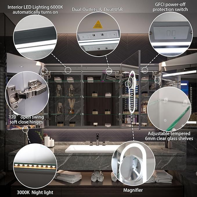 Recessed Medicine Cabinet with Lights, 66x36 Lighted Medicine Cabinet with Mirror, Magnifier, GFCI Outlet, Soft-closed, Front&Backlit, Anti-Fog, Dimmable&Tunable, Sensor Lights, Adjustable Shelves