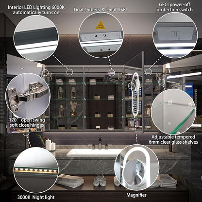 Recessed Medicine Cabinet with Lights, 66x36 Lighted Medicine Cabinet with Mirror, Magnifier, GFCI Outlet, Soft-closed, Front&Backlit, Anti-Fog, Dimmable&Tunable, Sensor Lights, Adjustable Shelves