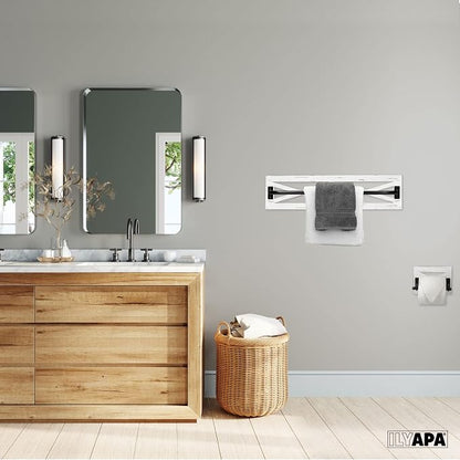 Ilyapa Towel Bar, TP Holder & Towel Ring Set, White Wood, Black Metal | Bar Accents, Wall Mounted Design, Farmhouse Bathroom Décor, Includes Mounting Hardware