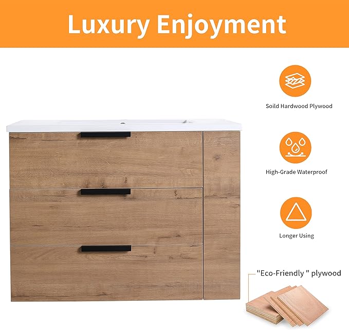 30" Bathroom Vanity with Sink, Floating Bathroom Vanity,Modern Vanity Bathroom,Wall-Mounted Bathroom Vanity with Top Basin & Storage Cabinet,Brown, 3 Drawers&3 Shelves