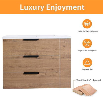 30" Bathroom Vanity with Sink, Floating Bathroom Vanity,Modern Vanity Bathroom,Wall-Mounted Bathroom Vanity with Top Basin & Storage Cabinet,Brown, 3 Drawers&3 Shelves