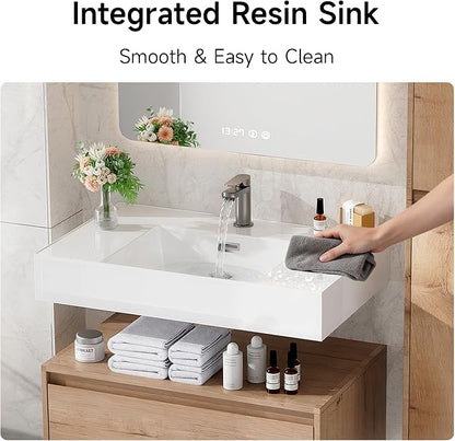 30 Inch Floating Bathroom Vanity with Sink, Modern Wall-Mounted Bathroom Cabinet with Resin Sink & Soft Close Drawer & Side Cabinet, Split-Level Layout (Nature Oak, 30"+2 Side cabinets)