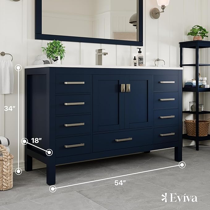 Eviva London 54 in Bathroom Vanities – 54 Inch Bathroom Vanity with Sink and Countertop, Gray Vanity Bathroom Sink Cabinet W/Quartz Countertop – Porcelain Single Sink Design for Modern Bathrooms