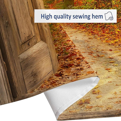 Boho Fall Forest Shower Curtain, Autumn Nature Jungle Woodland Maple Leaves Tree Shower Curtain Set, Rustic Barn Door Fabric Farmhouse Cabin Shower Curtain for Bathroom 12 Hooks, 72x72 Orange Yellow