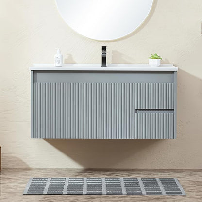 Floating Bathroom Vanity 40 Inch, Wall Mounted Bathroom Vanity with Ceramic Sink and 2 Drawers for Storage, Modern Wave-Carved Design Wooden Sink Cabinet, Grey