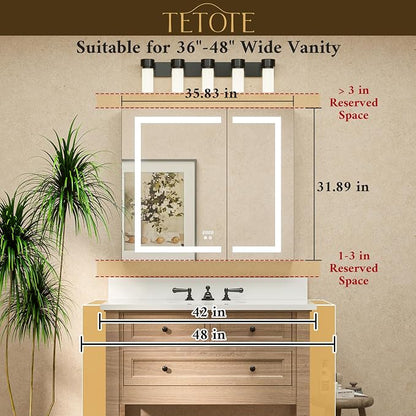 36 x 32 LED Lighted Bathroom Medicine Cabinet with Lights, 2 Door Recessed or Surface Mount Led Mirrored Medicine Cabinet, Tempered Glass, Outlets & USB, Adjustable Shelf, 3-Color Lights