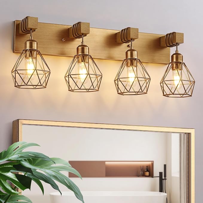 maesta 4 Light Bathroom Vanity Light, Farmhouse Gold Fixture Over Mirror | Farmhouse Bathroom Light Fixtures, Wood & Metal, Anti-Rust, Easy to Install for Rustic Bathroom Hallway