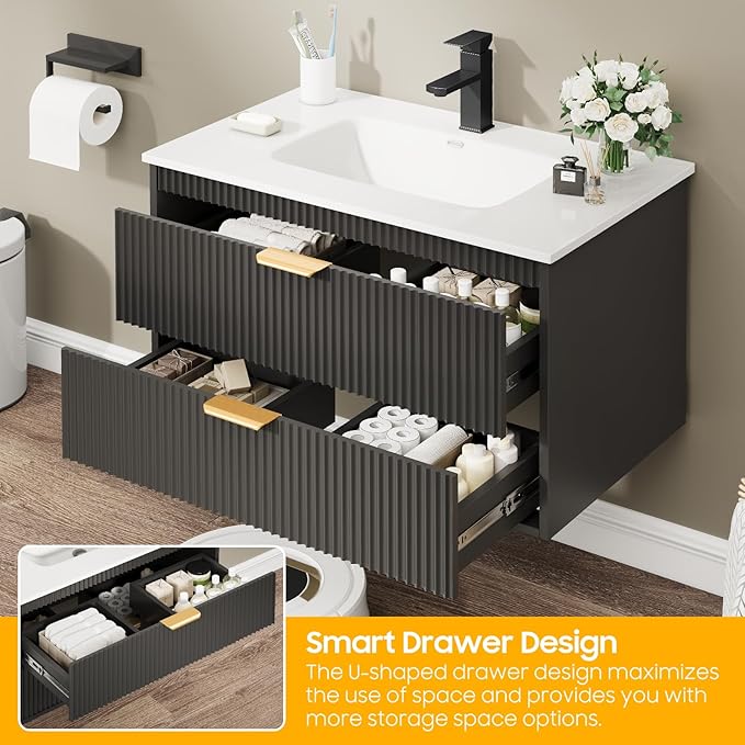 Vabches 24 Inch Bathroom Vanity with Sink, Wood Grain Wall Mounted Vanity with 2 Storage Darwers, Floating Bathroom Vanity with Storage, Bathroom Floating Vanity with Sink, Faucet, Drain, Black