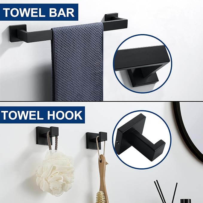 10 Pieces Bathroom Hardware Accessories Set Black, Bathroom Towel Rack Set SUS304 Stainless Steel, Square Bath Towel bar Set Heavy Duty, Wall Mounted
