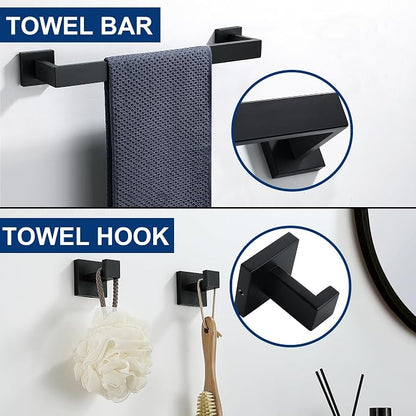 5 Pieces Bathroom Hardware Accessories Set Matte Black, 16Inch Square Towel Racks Set for Bathroom, SUS304 Stainless Steel Towel Bar Set, Bath Accessories Sets Wall Mounted