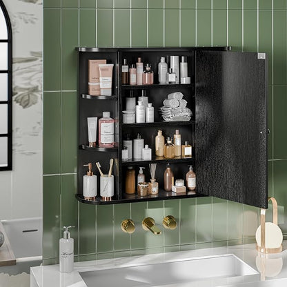 Bathroom Mirror Cabinet Wall Mounted, Bathroom Medicine Cabinet with Mirror and 6 Open Shelves, Modern Wall Cabinet, Black
