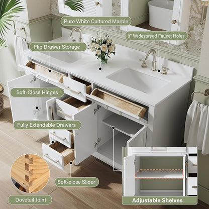60-Inch Bathroom Vanity with Double Sinks W/ 4 Doors & 4 Drawers & 2 Flip Drawers, White Vanity W/Brushed Nickel Handles
