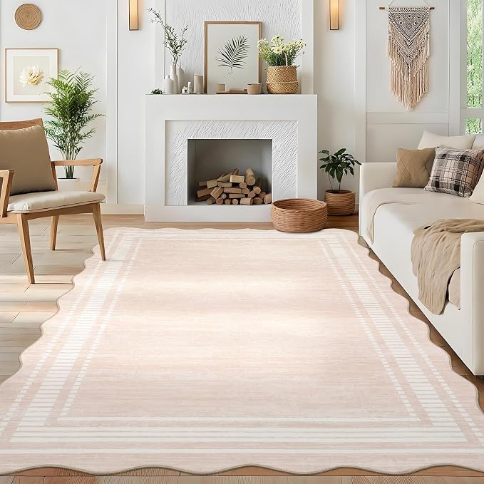 Garvee Scalloped Rug 10x13 Washable Area Rug for Living Room Natural Ivory | Rugs for Living Room, Non-Slip Soft Carpet for Bedroom, Scalloped Low-Pile Solid Rug Accent Rug for Dining Room Home Office