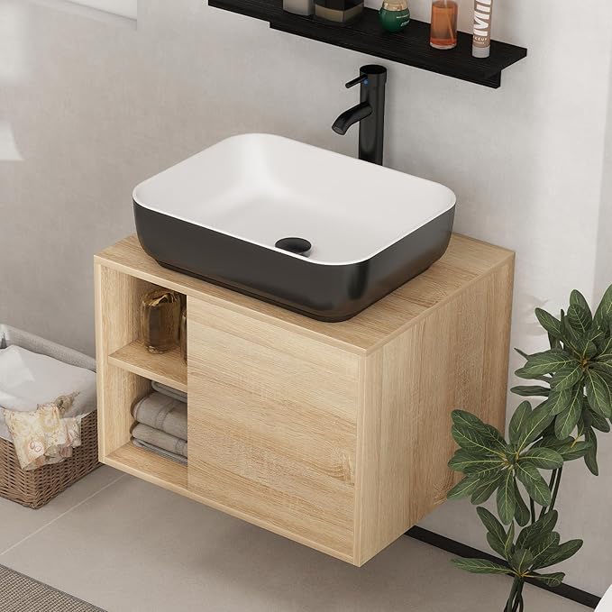 YOURLITE 24" Floating Bathroom Vanity with Sink, Wall-Mounted Bathroom Vanity and Sink Combo with Mirror and Faucet & Pop Up Drain Set, Black and White Ceremic Sink