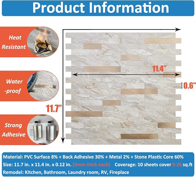 DICOFUN 10 Sheets Marble Look Peel and Stick Backsplash Wall Tile, PVC Kitchen Backsplash Peel and Stick in Light Brown, 9.4 sq.ft
