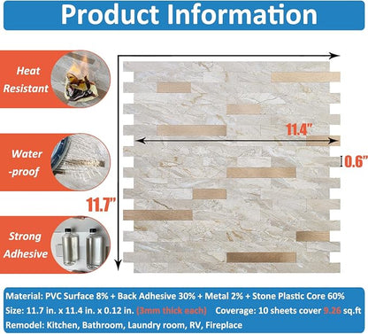 DICOFUN 10 Sheets Marble Look Peel and Stick Backsplash Wall Tile, PVC Kitchen Backsplash Peel and Stick in Light Brown, 9.4 sq.ft