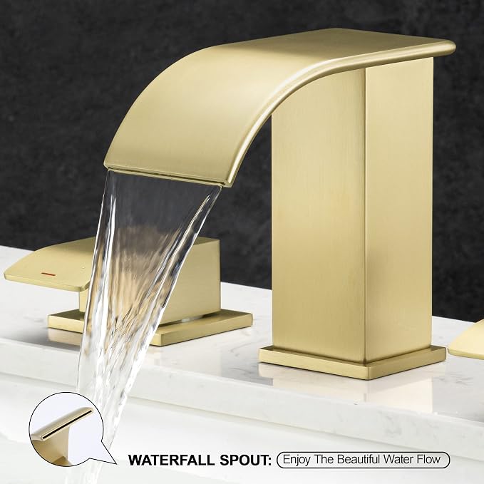 Brushed Gold 8 Inch Waterfall Bathroom Faucet - Bathroom Faucets for Sink 3 Hole, Widespread Bathroom Sink Faucet 2 Handles, Modern Vanity Faucets, with cUPC Supply Lines