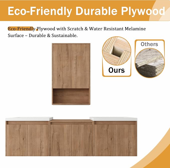 72'' Floating Bathroom Vanity with Double Sink, and 1 Side Cabinet, Brown | Double Sink Combo with 24" Side Cabinet, Plywood Cabinet, Resin Basin, Ample Storage, Soft-close Hinge, Assembly Required