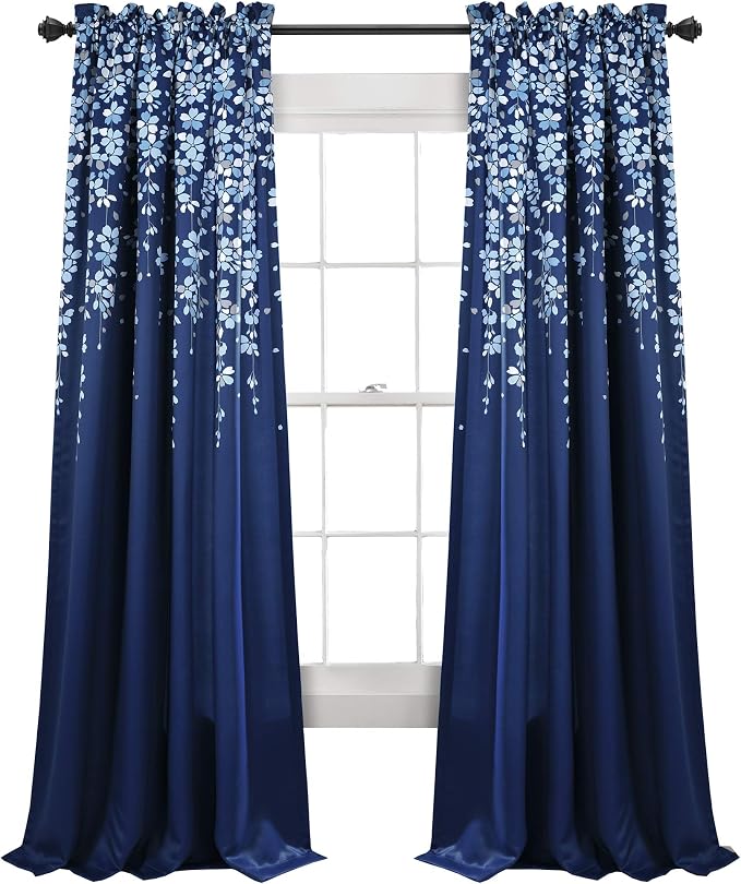 Lush Decor Weeping Flower Light Filtering Window Curtain Panels, Pair, 52"W x 84"L + 2" Header, Navy - Charming Modern Floral Curtains for Living Room, Dining Room, & Bedroom