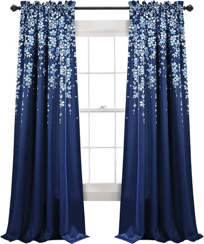 Lush Decor Weeping Flower Light Filtering Window Curtain Panels, Pair, 52"W x 84"L + 2" Header, Navy - Charming Modern Floral Curtains for Living Room, Dining Room, & Bedroom