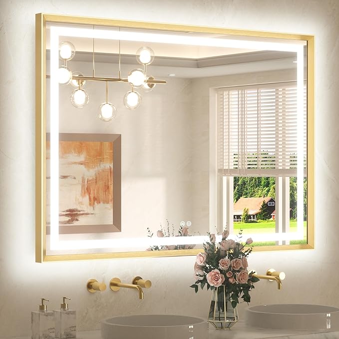 48 x 36 Bathroom LED Mirror Brushed Gold Metal Frame Frontlit & Backlit Vanity Mirror Stepless Dimmable Anti-Fog 3 Colors White/Warm/Natural Light up Vanity Mirror Wall-Mounted