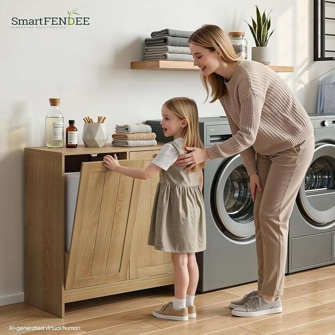 Smart FENDEE Double Tilt Out Laundry Hamper Cabinet, Small Hidden Trash Cabinets with 2 Baskets for Kitchen, Freestanding Bathroom Storage Cabinet Unit, Natural Oak