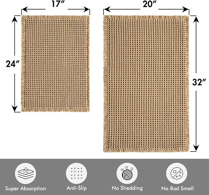 MIULEE Set of 2 Waffle Bathroom Rugs Boho Bath Mat Brown 17"x24"+20"x32" | Non Slip, Super Absorbent, Washable, Ultra Soft, Rubber Backed Bath Rugs for Bathroom Floor Tub Shower