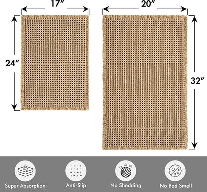MIULEE Set of 2 Waffle Bathroom Rugs Boho Bath Mat Brown 17"x24"+20"x32" | Non Slip, Super Absorbent, Washable, Ultra Soft, Rubber Backed Bath Rugs for Bathroom Floor Tub Shower