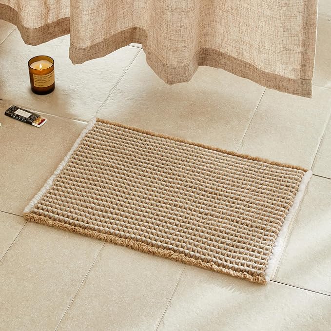 TYUU Waffle Bath Mat, Boho Bathroom Rugs Non Slip, 30x20 Khaki & White | Super Absorbent Quick Dry Bath Rug, Non-Slip Backing, Soft Waffle Washable Farmhouse Bathroom Mats, Tub, Shower & Home Decor