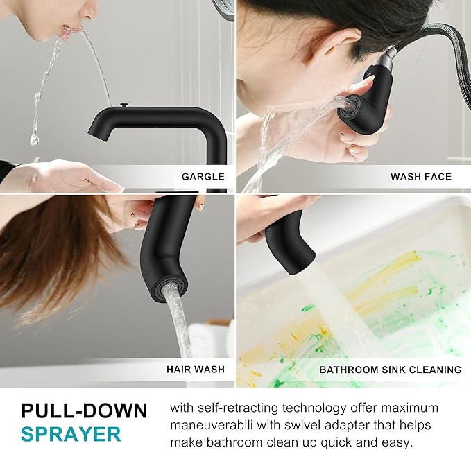 KENES Matte Black Pull Out Bathroom Faucet, 8 Inch 2 Handle Widespread Bathroom Faucet 3 Hole with Pull Down Sprayer, Bathroom Sink Faucet with Pop Up Drain & Supply Lines LJ-9058A-2