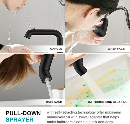 KENES Matte Black Pull Out Bathroom Faucet, 8 Inch 2 Handle Widespread Bathroom Faucet 3 Hole with Pull Down Sprayer, Bathroom Sink Faucet with Pop Up Drain & Supply Lines LJ-9058A-2