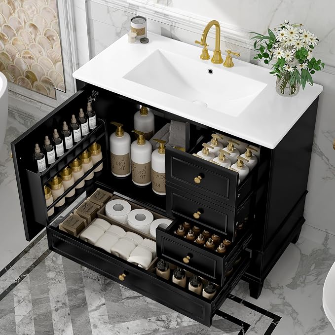 36" Vanity with Sink, Bathroom Vanities 36 Inch with Sink, Single Sink Bathroom Vanity with Door Shelf and Three Drawers, Restroom Vanity with Sink Top (Black)