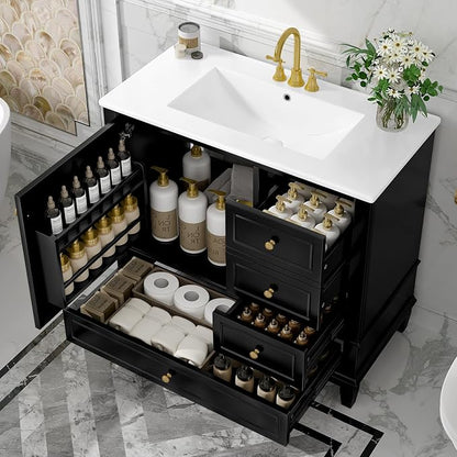 36" Vanity with Sink, Bathroom Vanities 36 Inch with Sink, Single Sink Bathroom Vanity with Door Shelf and Three Drawers, Restroom Vanity with Sink Top (Black)