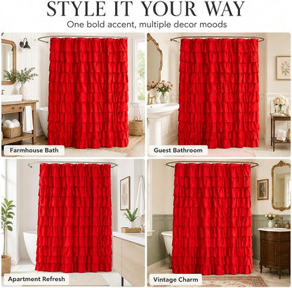 Red Ruffle Shower Curtain for Bathroom, 72x84, Christmas Bathroom Decor | Rich Red Ruffles, 84in, 12 Hooks Included, Machine Washable, Solid Soft Microfiber Fabric, Boho Textured Style,Holiday Accent