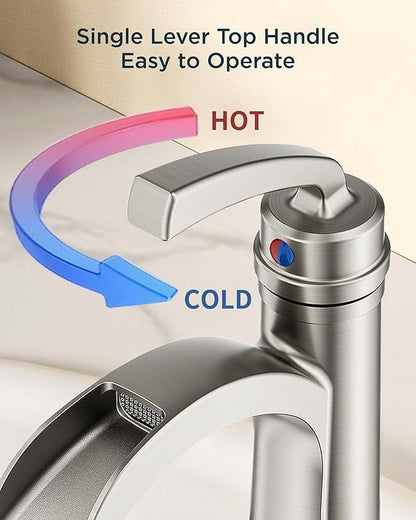 Forious Brushed Nickle Bathroom Faucets, Tall Waterfall Bathroom Faucet One Hole Single Handle Deck Mount Vessel Bathroom Sink Faucet Bowl with Metal Pop Up Drain and Supply Lines