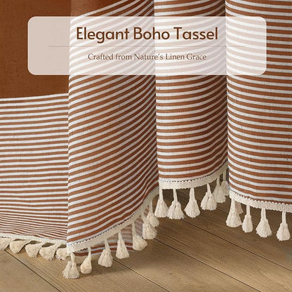 Fall Orange Boho Linen Striped Shower Curtain with Tassel 72"W X 72"L | Boho Farmhouse Shower Curtains with Linen Texture for Bathroom Decor