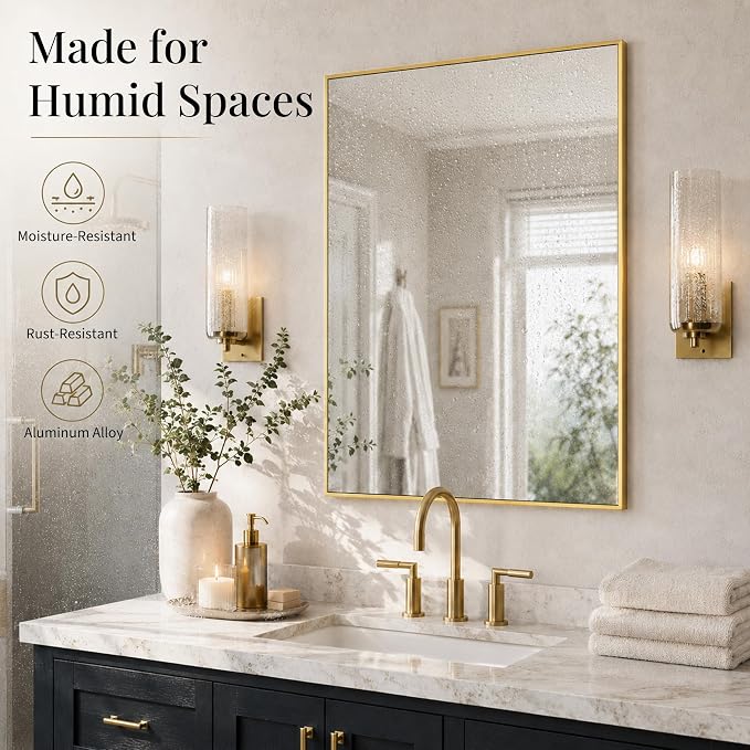 36"x24" Brushed Gold Framed Rectangle Bathroom Vanity Wall Mirror | Over-Sink Vanity Mirror, Slim Metal Frame, Entryway or Dresser Use, Vertical/Horizontal Mount, Tempered Glass
