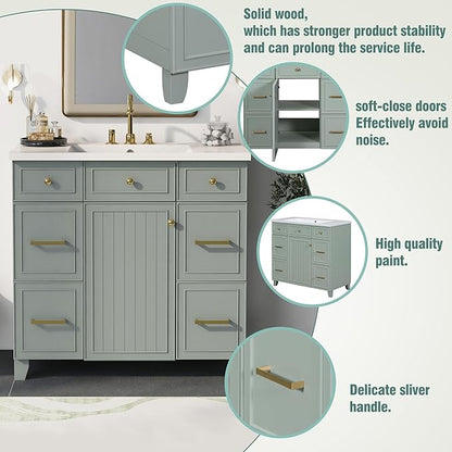 LUMISOL 36" Bathroom Vanity with Ceramic Sink, Modern Bathroom Vanity with 3 Drawers & Soft Close Doors, Solid Wood Bathroom Sink Cabinet with Undermount Basin, Gold Handles (Green)