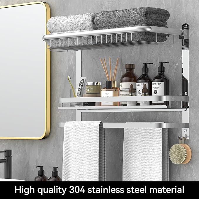 Foldable 23.22 Inch Rowel Rack Wall Mounted with Bathroom Shower Shelves Stainless Steel Towel Bar Without Drilling and Screw Installation (Silvery)
