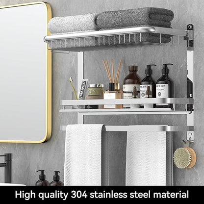 Foldable 23.22 Inch Rowel Rack Wall Mounted with Bathroom Shower Shelves Stainless Steel Towel Bar Without Drilling and Screw Installation (Silvery)