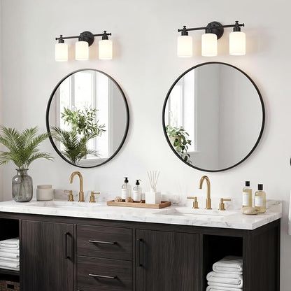 3 Light Black Bathroom Vanity Light Fixture Over Mirror, 17.5'' | Vanity Lights for Bathroom, Bedroom, Living Room, White Frosted Glass Shades, Modern, E26(Bulbs Not Included)