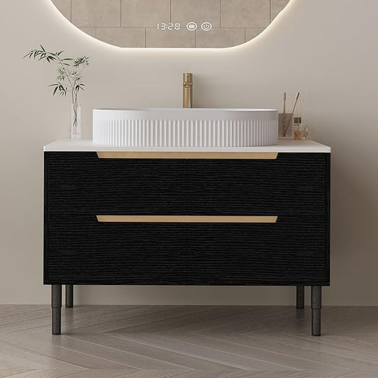 36" Modern Bathroom Vanity with Above Oval Sink, 2-in-1 Wall Mounted & Free-Standing Bathroom Vanity Cabinet with Sintered Stone Top & 4 Drawers, Black Wood Single Sink Bathroom Vanities