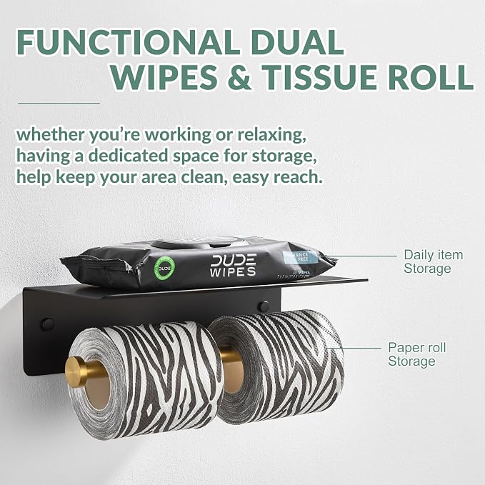 Double Toilet Paper Holder with Shelf, Black & Gold, Wall Mounted | 304 Stainless Steel, Rustproof for Bathroom, Restroom, Powder Room, Kitchen, 2-in-1 Functional 2 Paper Rolls & Phone Storage