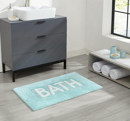 Creative Home Ideas Cotton Bath Rug - Soft Cotton Bath Mat - Bathroom Decor - Water Absorbent and Machine Washable - Measures 21"x34" - "Bath" - Aqua Blue