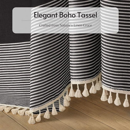 Black Boho Linen Striped Shower Curtain with Tassel 72" W X 72" L | Boho Farmhouse Shower Curtains with Linen Texture for Bathroom Decor