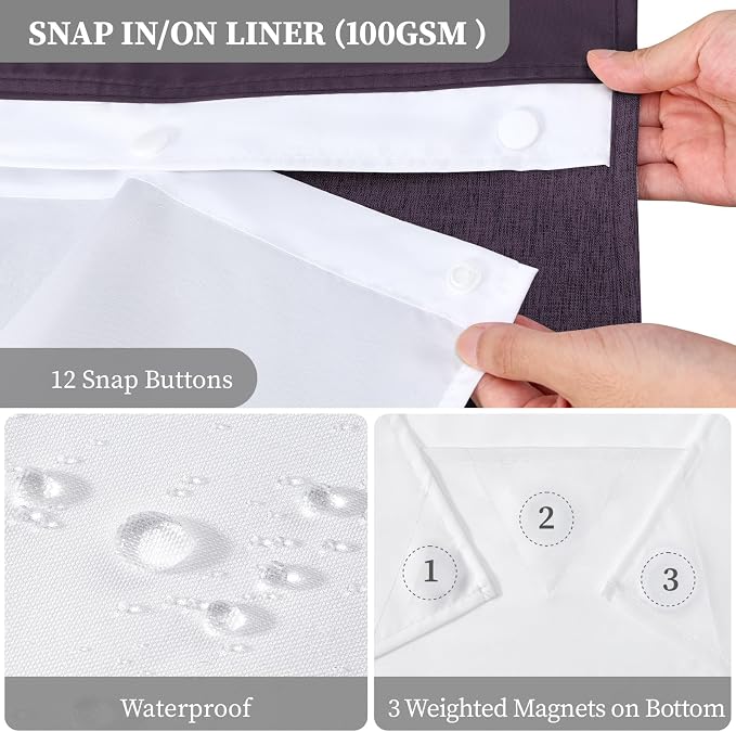 Purple Ringless Linen Textured Shower Curtain with Snap in Liner 72x75 | 3 in 1 Hotel Shower Curtain Set, Removable Liner, Waterproof & Washable, Mesh Top Window, Durable Fabric, Easy to Install